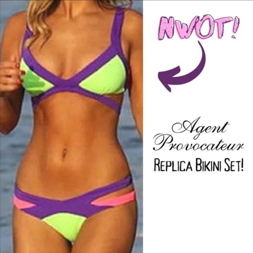 NWOT AGENT PROVOCATEUR REPLICA Strappy Cutout Neon Purple Green Coral Bikini Set - Picture 1 of 9
